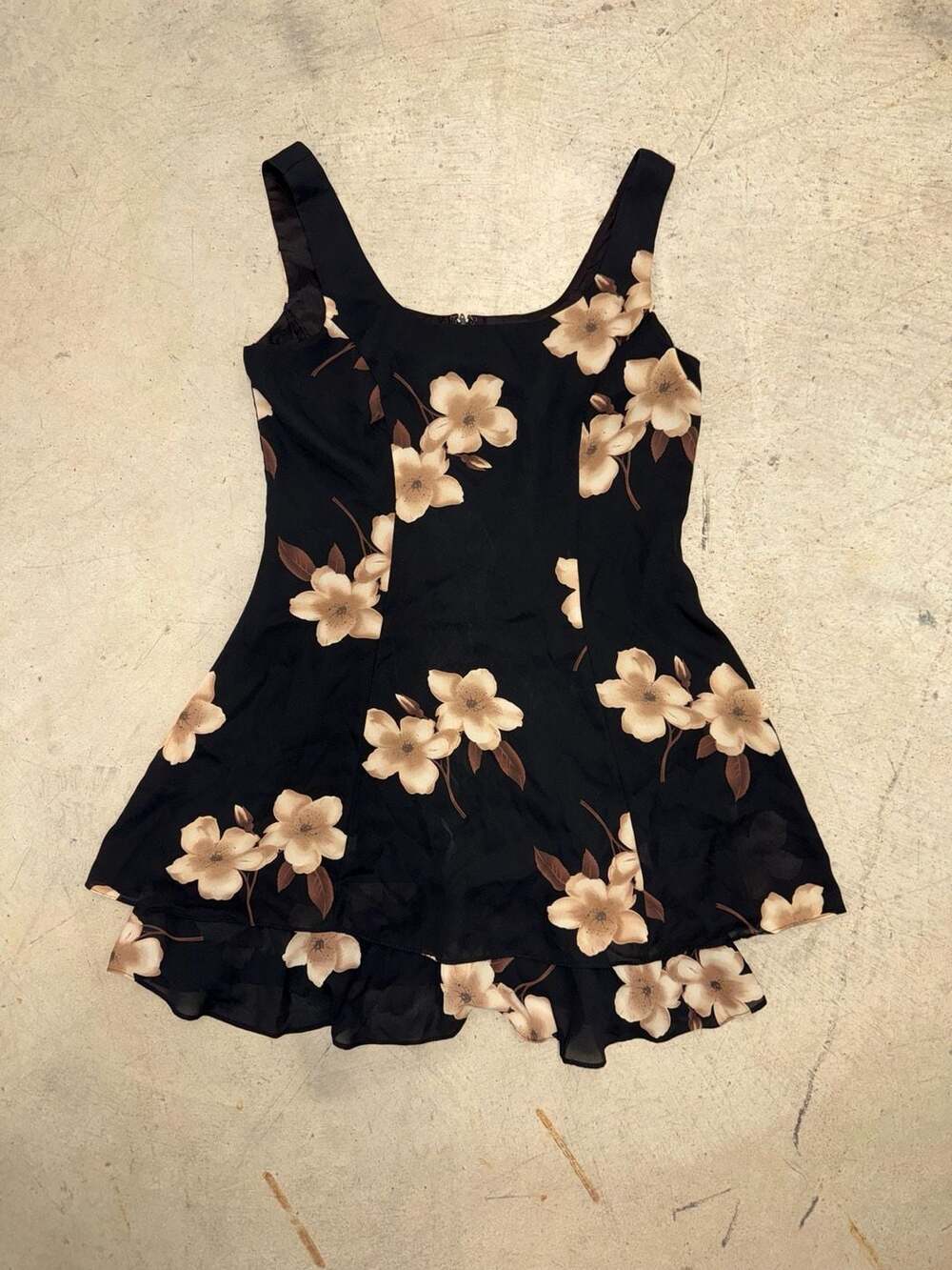 Vintage Hampton Nites Petites 90s Black and Cream Floral Layered Mini Dress Size